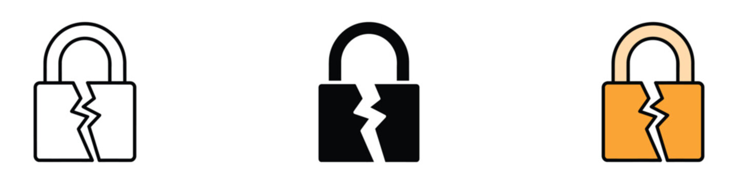 Broken padlock icon vector. data breach, failed security, cyber vulnerability symbol. vector illustration.