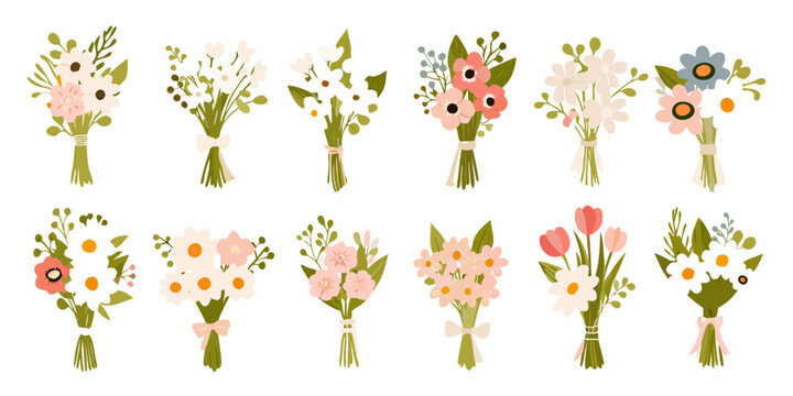 Assorted flower bouquets in a simple illustrative style are displayed