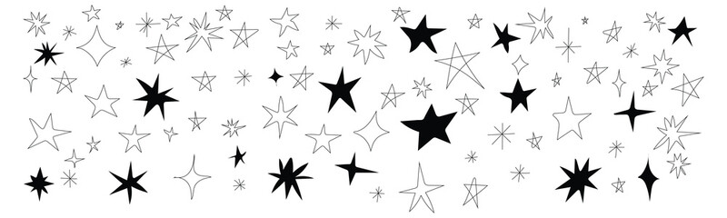 Obraz premium Hand drawn star spark doodle element icon set. Whimsical star, sketch doodle style symbol. vector illustration.