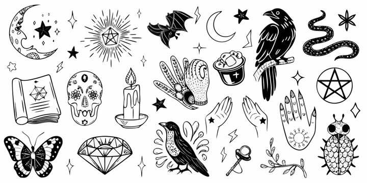 Mystical collection of occult symbols birds and celestial elements in black and white