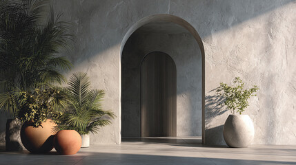 Fototapeta premium An architectural marvel featuring arched doorways and potted plants bathed in sunlight