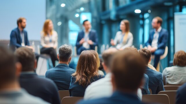 Discussion on business trends with experts in a conference setting in a modern location