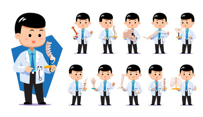 Fototapeta premium Cute chibi male asian orthopedist doctor character set. Flat vector illustration featuring various human bone models for anatomy education and orthopedic clinic use.