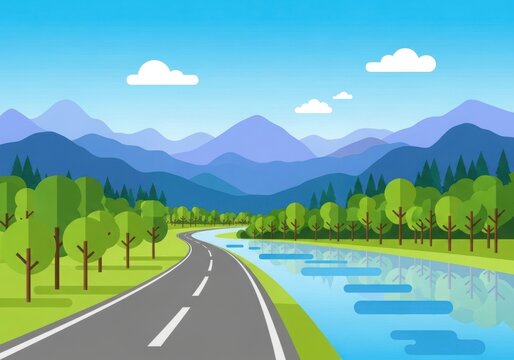 Scenic mountain road by river with trees and blue sky vector illustration