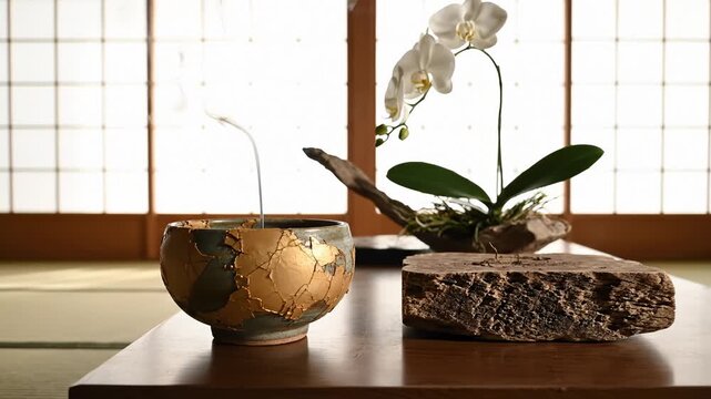 Incense Burning in Kintsugi Style Bowl Next to White Orchid in Japanese Room