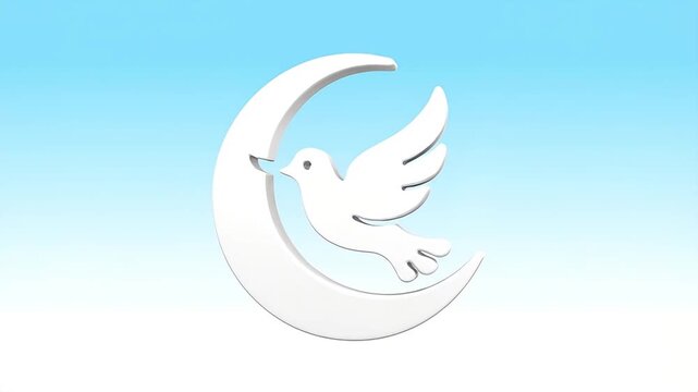 White Crescent Moon with Dove 3D Peace Symbol on Blue Background