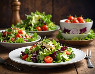 Assortment of fresh salads, ingredients arranged on wooden table