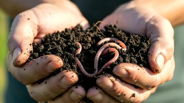 Hands holding rich soil with earthworms for composting and gardening.