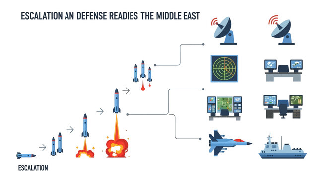 Infographic illustration depicting US military escalation and defense strategy in the Middle East with various icons and a map.
