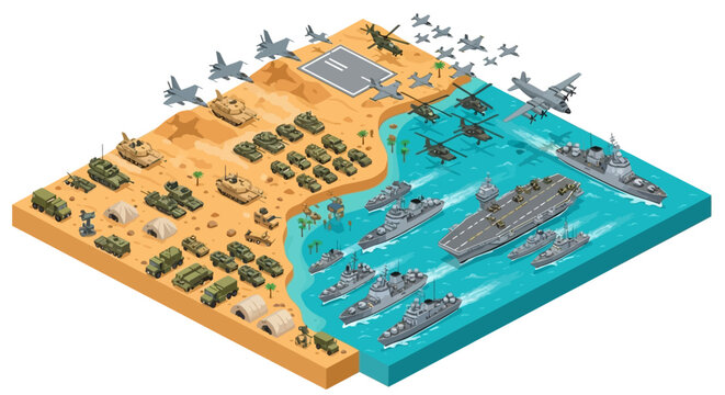Isometric illustration of a military base and headquarters with troops, tanks, and warships near a coastline, depicting a strategic buildup and escalation in the Middle East conflict.