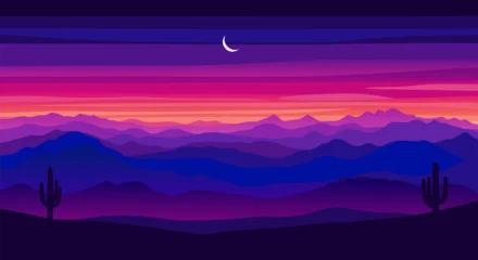 Fotobehang Violet Vibrant desert landscape at dusk vector illustration with crescent moon and saguaro cacti  © PDWN Creative