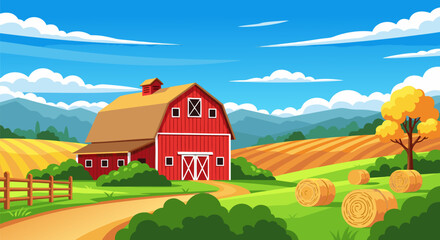 Fototapeta premium Vibrant vector illustration of a red barn on a sunny farm with hay bales and rolling hills, beautiful rural landscape