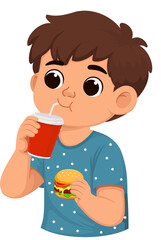 Boy Eating Burger and Drinking Soda