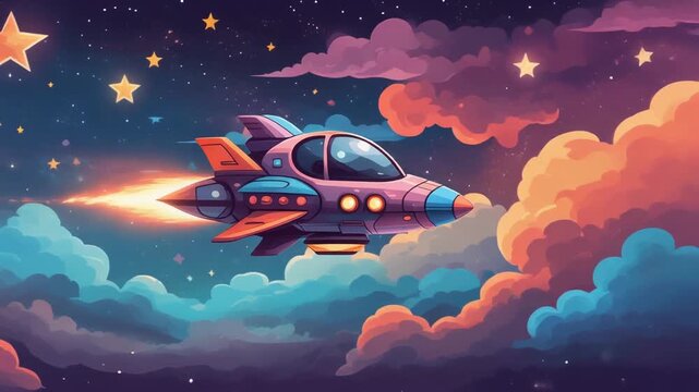 A vibrant cartoon spaceship soars through a starry night sky surrounded by colorful clouds and shining stars