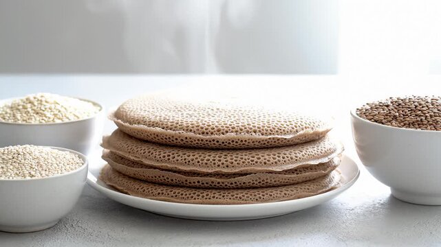 Stack of Steaming Ethiopian Injera Flatbreads With Teff Grains in White Bowls