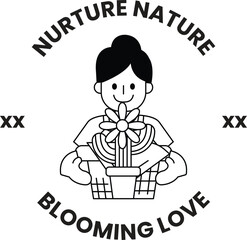 Fototapeta premium A woman holding a plant and the words nurturing nature blooming love
