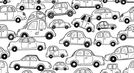 Fototapeta premium Busy Urban Scene, Cars, Cityscape, Illustration, Black and White, Aerial View, Traffic Concept