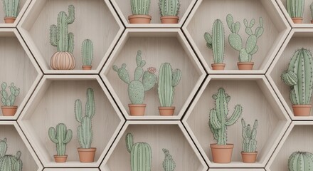 Naklejka premium Cacti in pots arranged in hexagonal wooden shelving