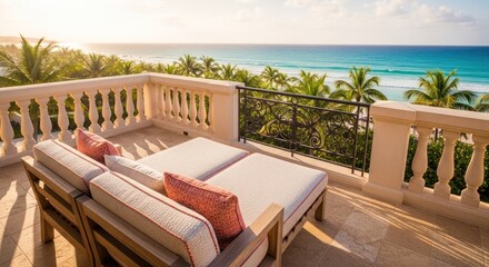 Naklejka premium Balcony with sunbeds overlooks the ocean; palm trees in view, sunny