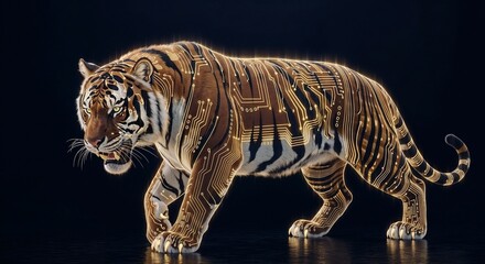 Obraz premium A powerful tiger is reimagined with glowing gold neon circuit lines tracing the patterns of its stripes and facial features against a dark, abstract background.
