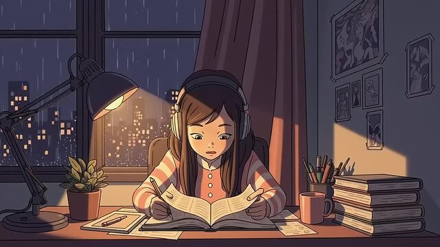Girl Reading Book at Desk at Night.