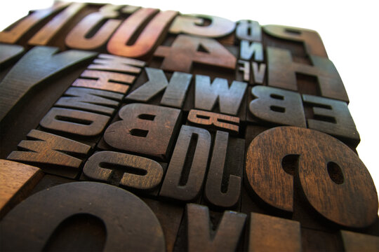 Wooden letterpress printing blocks in closeup