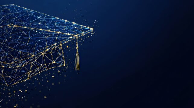 An abstract image shows a graduation cap made of interconnected digital lines, representing the pursuit of knowledge. ..Created with Generative AI, not depicting real subjects.