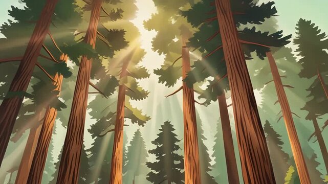 Tall trees stand majestically in a serene forest, sunlight filtering through the dense foliage from a low angle.