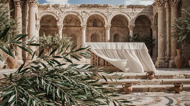 Ancient courtyard with billowing white cloth. Ornate arches and columns. Historical architecture and mosaic floor