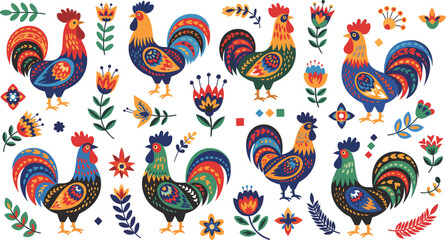 Obraz premium Large Vector Collection of Folk Art Roosters and Decorative Flowers Featuring Traditional Ethnic Patterns and Vibrant Colors for Cultural Branding, Textile Design, and Greeting Cards