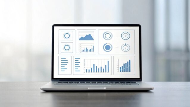 A laptop displaying various blue data visualizations and graphs on a desk in a bright environment.