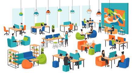 Modern office space with diverse employees working at desks, collaborating, and relaxing in a vibrant, open-plan environment viewed from above.