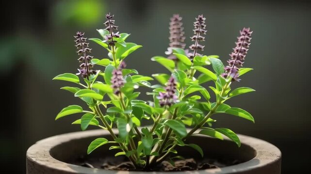 Potted Basil Plant with Purple Flowers.
