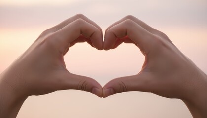 Fototapeta premium Hands forming a heart shape against a serene sky at sunset, symbolizing love and affection in a peaceful outdoor setting from a frontal viewpoint