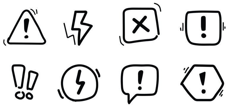 Doodle exclamation mark, alert danger sign set. danger zones and road safety risks. Doodle sketch stop, danger icon Vector illustration set.