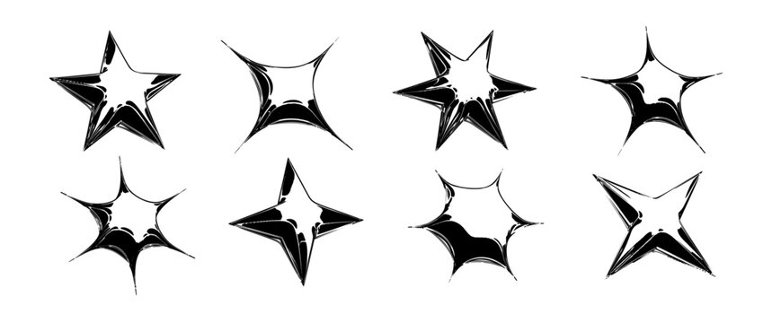 Black y2k stars abstract shapes in 3d inflated style. Techno star design element collection. Grunge balloon icon set for poster, banner, collage, flyer, streetwear, party print. Vector urban bundle
