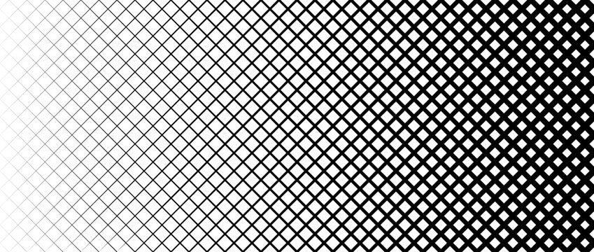 Thick to thin grid pattern gradient. Fading net gradation texture background. Black repeating mesh backdrop for overlay, cover, banner, poster. Vanishing overlapping lattice wallpaper. Vector