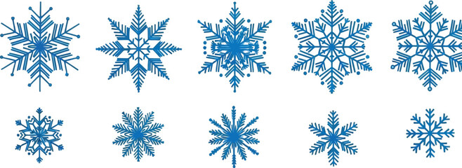 Fototapeta premium Blue snowflakes in various shapes on white background