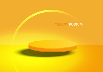 Minimalist yellow podium for product presentation with geometric arch. Vector illustration.