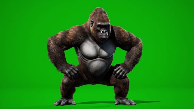 A powerful gorilla standing in a crouched position against a green screen background, perfect for use in a template, advertisement, or commercial.