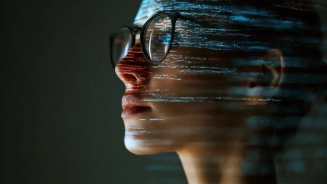 Digital Reflections: A striking portrait of a person wearing glasses. Lines of coding overlay the image. It represents the intersection of technology and thought. 