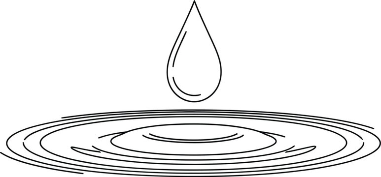 Simple black line art illustration depicts a single falling water droplet impacting a still surface creating expanding circular ripples in clean minimalist vector design