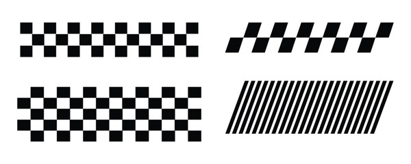 Obraz premium Set of checkered flag patterns and diagonal stripes in black and white vector graphics for racing and speed.