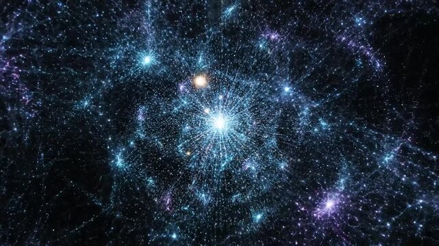 A digital rendering of the universe featuring celestial bodies, glowing connections, and cosmic energy