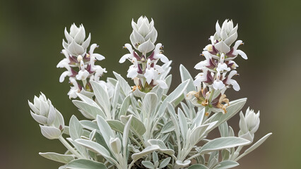 Silver Sage Plant with White Flowers. Plant with silvery foliage and white flowers, ideal for botanical, gardening, and nature-themed content.