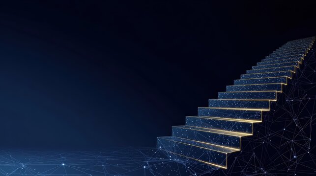 Abstract digital steps ascending into darkness, symbolizing growth and ambition. ..Created with Generative AI, not depicting real subjects.