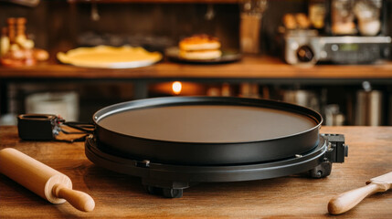 Obraz premium Professional electric crepe maker appliance ready for use on a wooden kitchen counter with baking tools