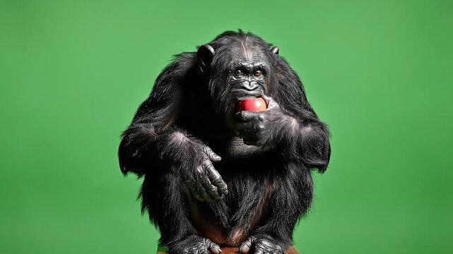 Capturing a compelling moment a chimpanzee intensely focused on a red apple against a vivid green backdrop