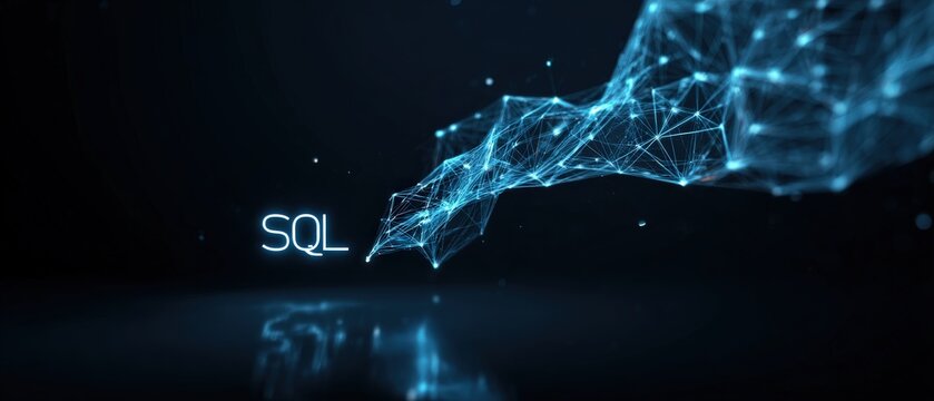 Image of digital transformation with word SQL. A stunning visualization of interconnected data points. ..Created with Generative AI, not depicting real subjects.