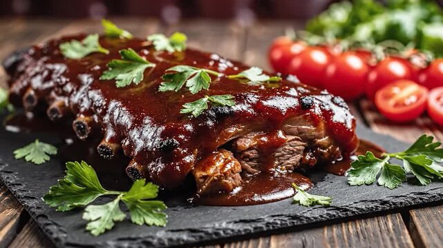 Delicious barbecue ribs with rich sauce and fresh parsley garnish on a dark serving board